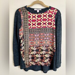 FOREVER 21 Contemporary Artsy Long‎ Sleeve Tee Mixed Media Bohemian Size Small